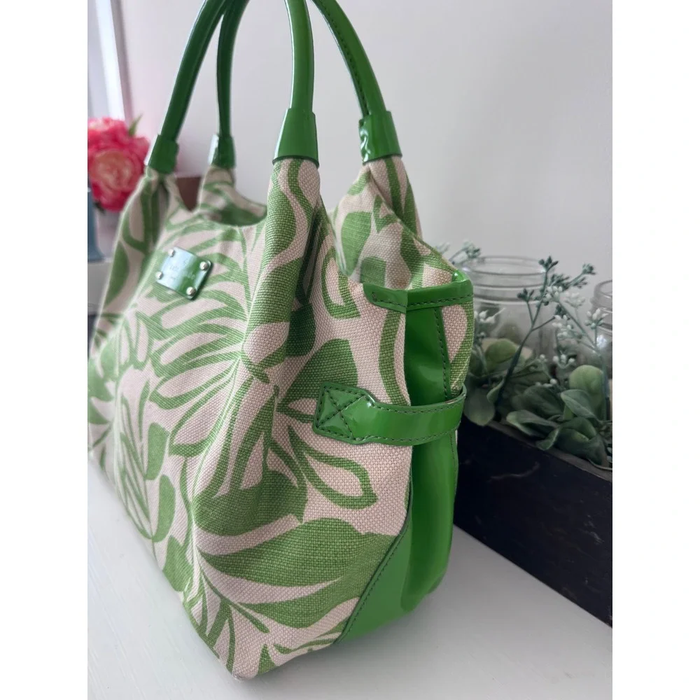 Kate Spade Green Tropical Leaf Print Canvas Tote Bag Patent Leather Trim